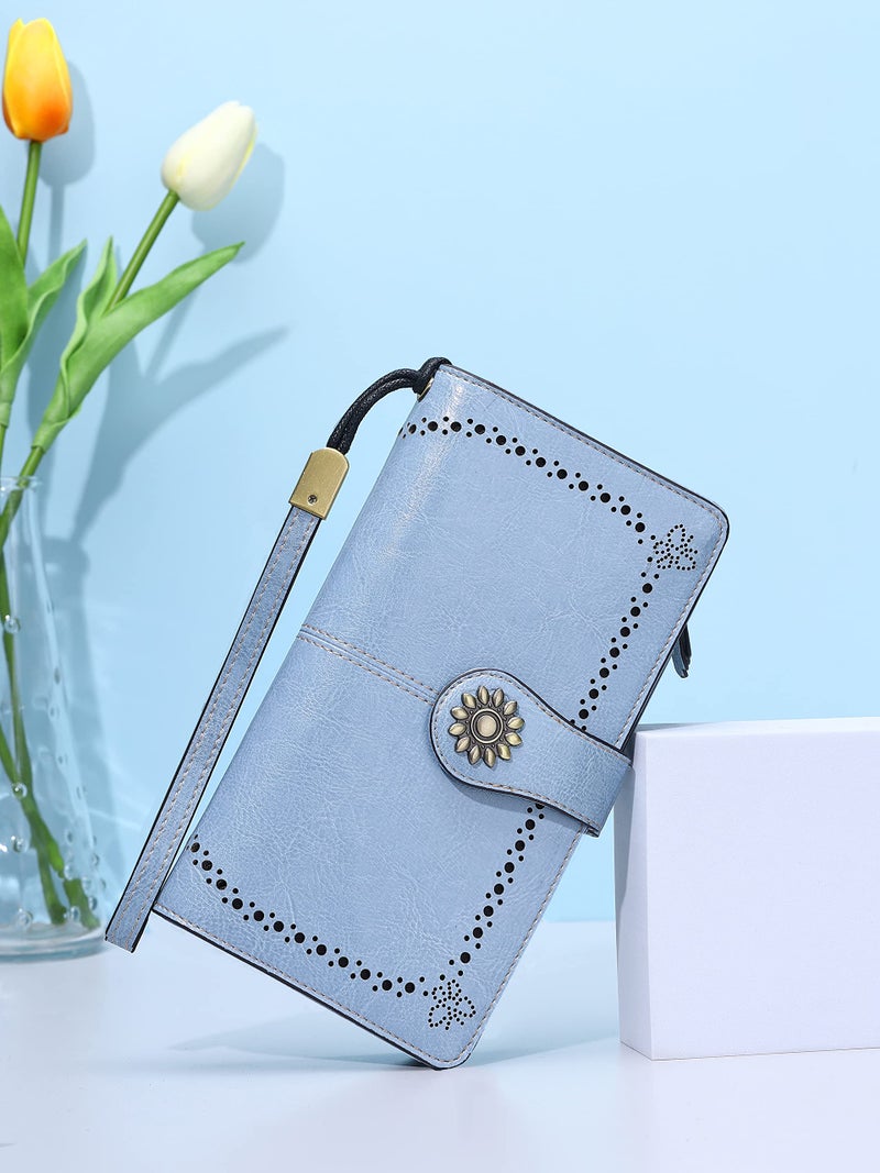 Lavemi Womens Large Capacity Genuine Leather RFID Blocking Wallets Wristlet Clutch Card Holder(1- Light Blue) - Image 2